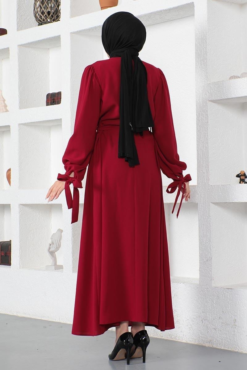 Kolları Bağlamalı Tesettür Elbise Bordo