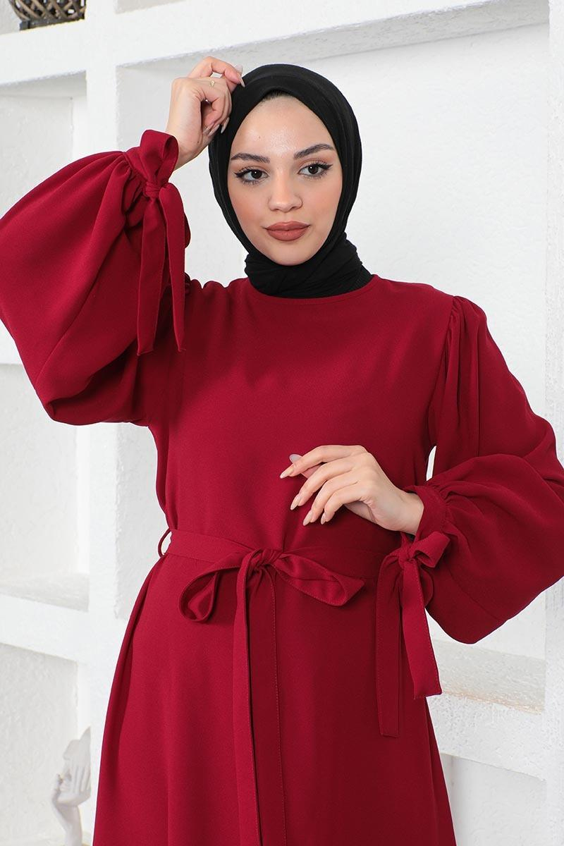 Kolları Bağlamalı Tesettür Elbise Bordo