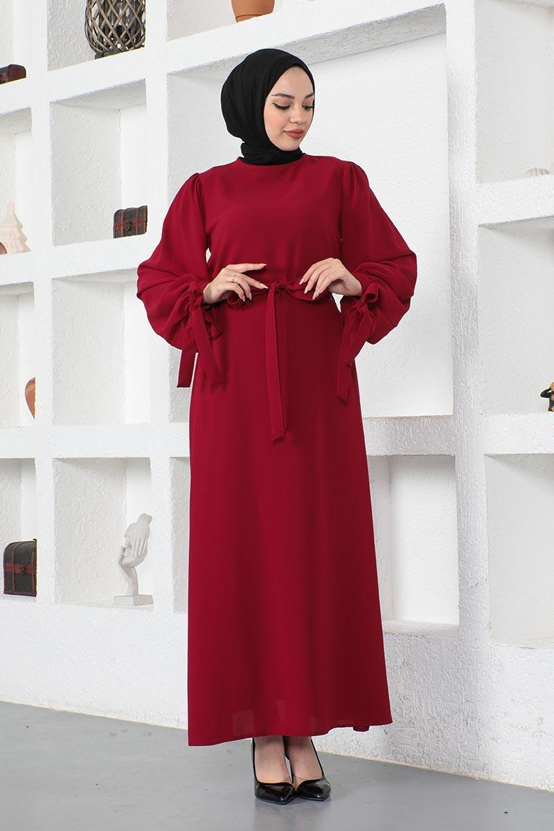 Kolları Bağlamalı Tesettür Elbise Bordo