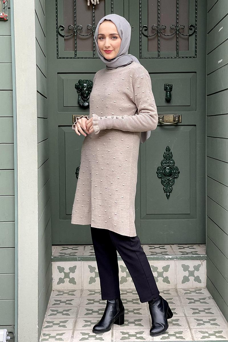 Kolları Fırfır Detaylı Triko Tunik Bej