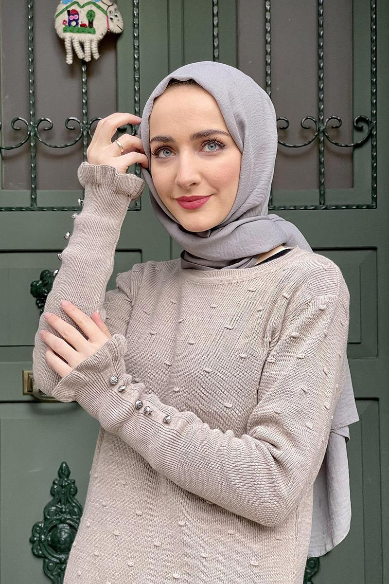 Kolları Fırfır Detaylı Triko Tunik Bej