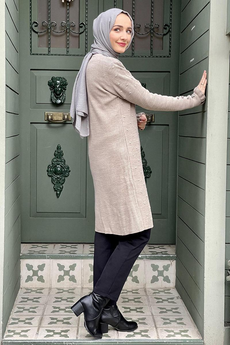 Kolları Fırfır Detaylı Triko Tunik Bej
