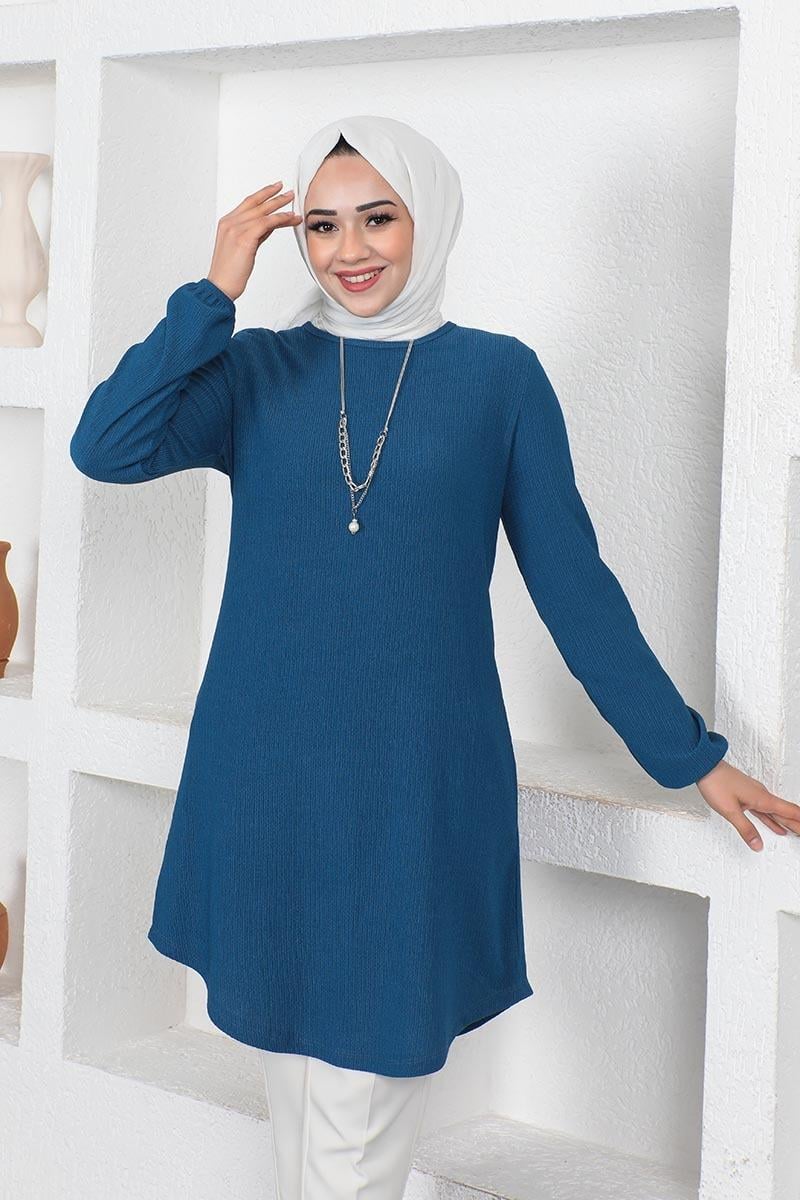 Kolyeli Bürümcük Tunik İndigo