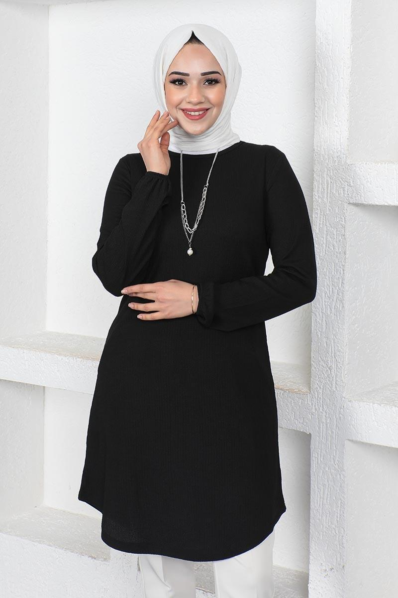Kolyeli Bürümcük Tunik Siyah