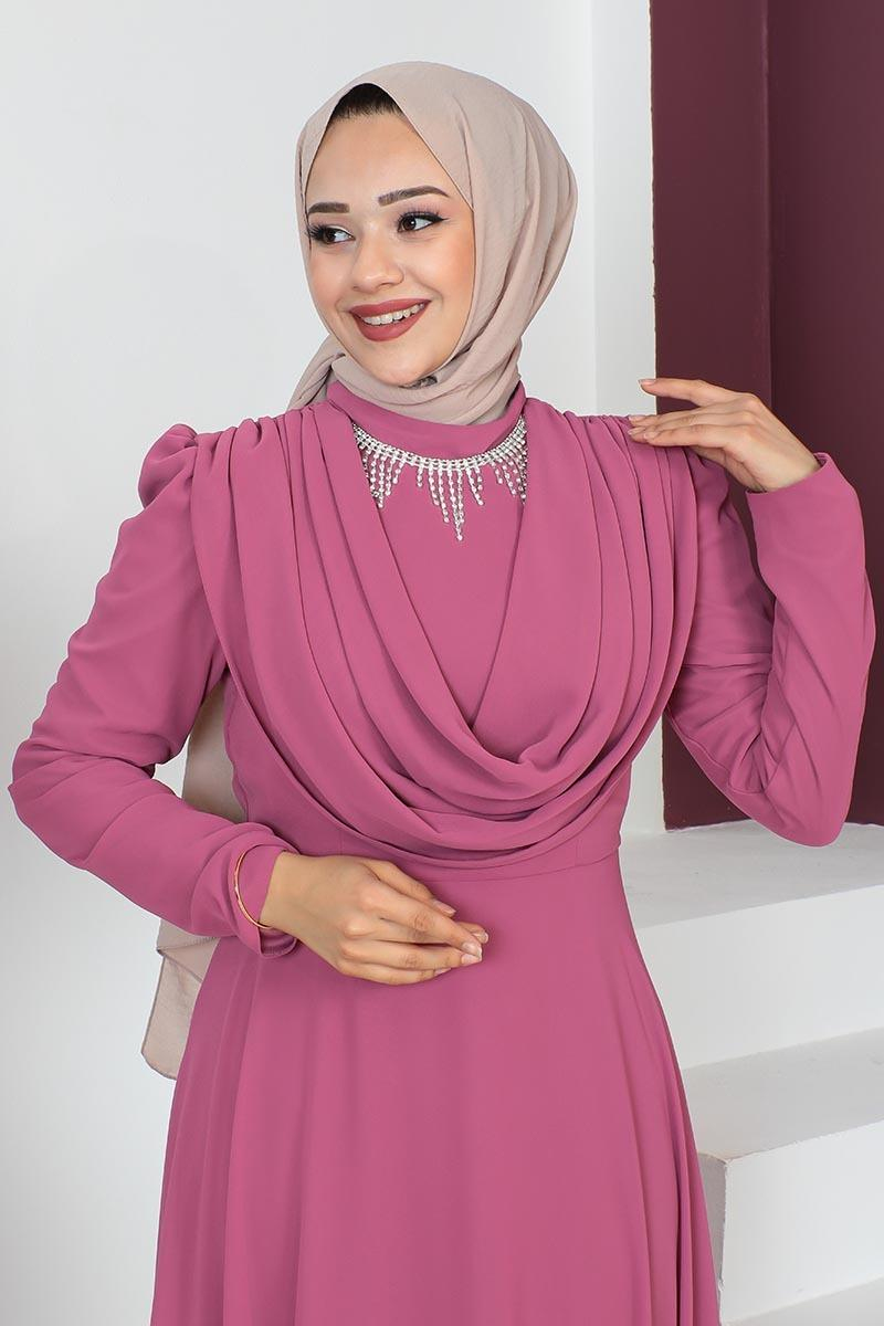 Kolyeli Tesettür Abiye Pembe