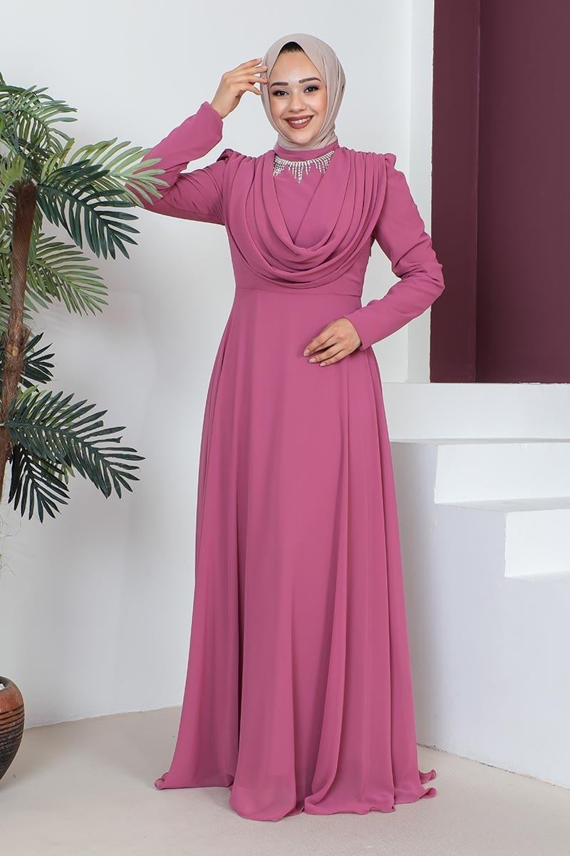Kolyeli Tesettür Abiye Pembe