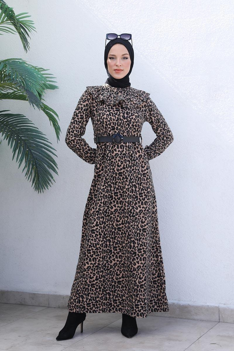 Leopar Desenli Elbise Vizon