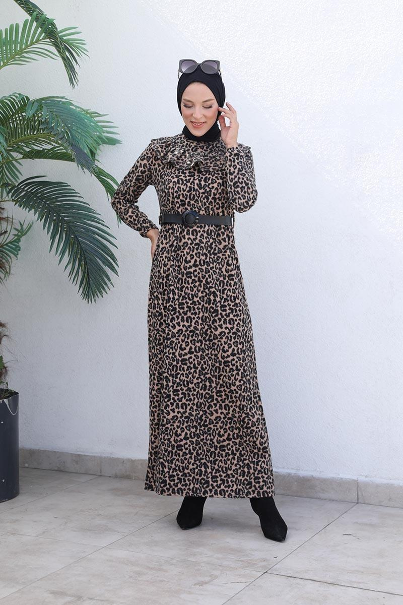 Leopar Desenli Elbise Vizon