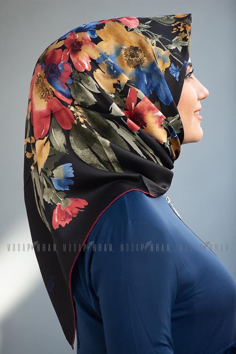 Moda Trend Çiçek Desenli Eşarp Siyah