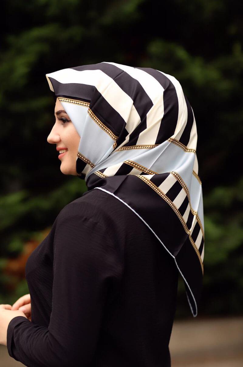 Moda Trend Siyah Beyaz Çizgili Eşarp Buz Mavisi