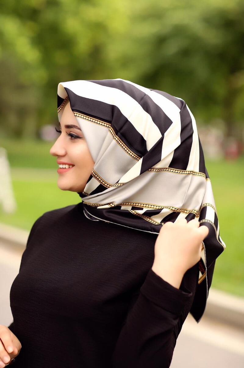 Moda Trend Siyah Beyaz Çizgili Eşarp Gri