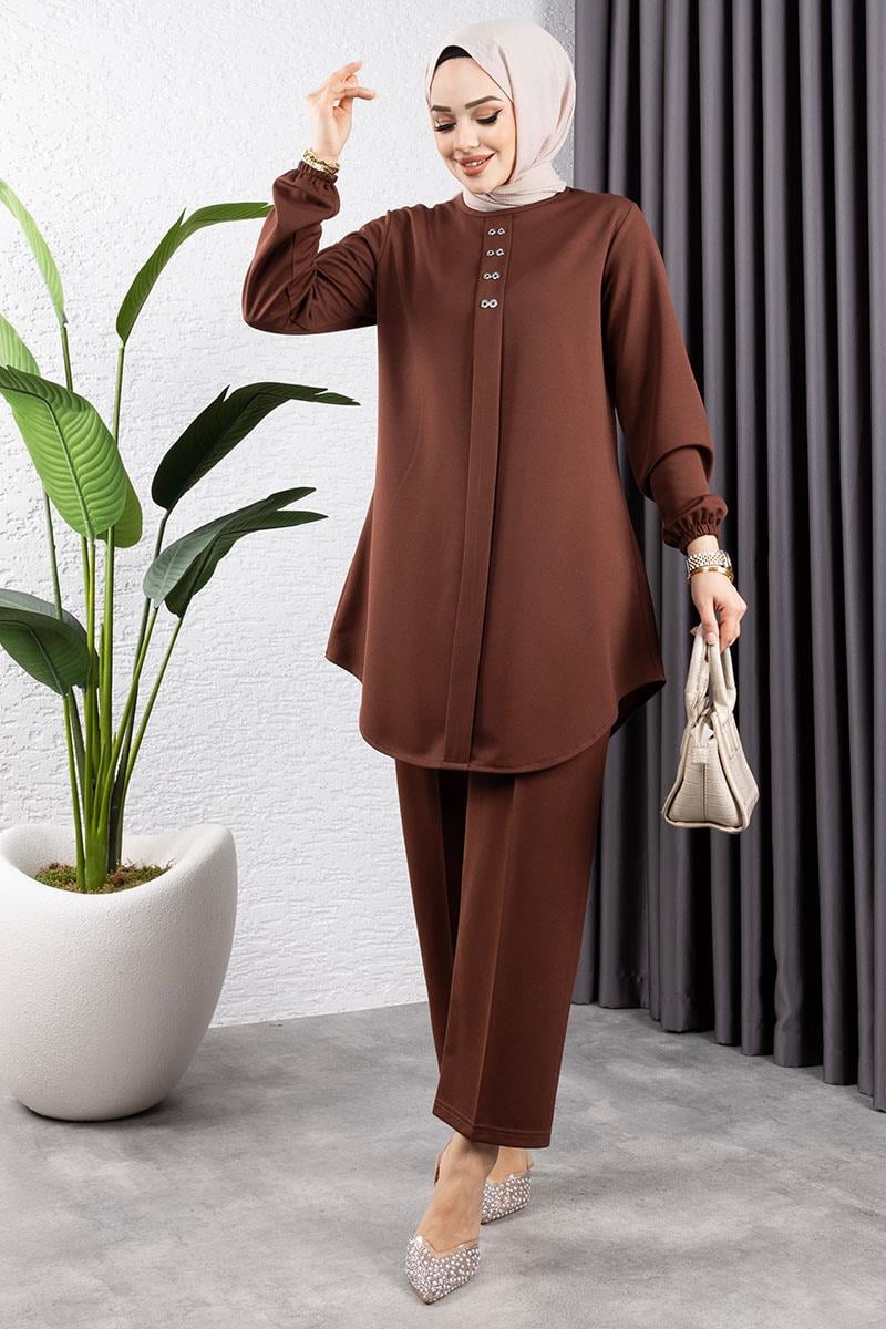 Önden Patlı Krep Takım KAHVERENGİ