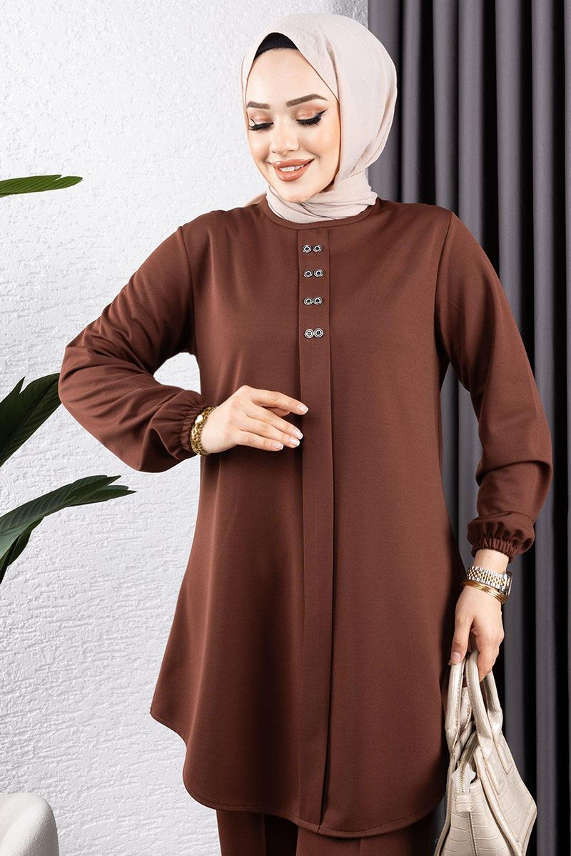 Önden Patlı Krep Takım KAHVERENGİ