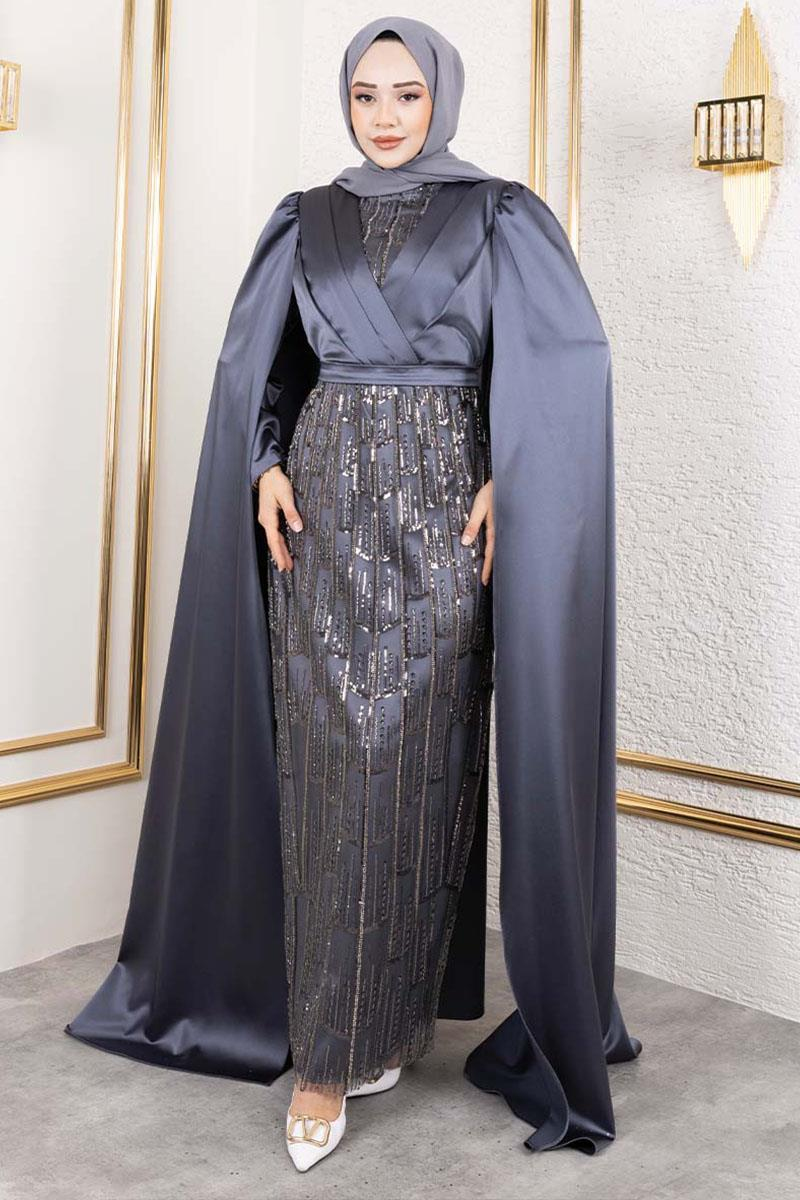 Önü Drape Detaylı Saten Abiye GRİ