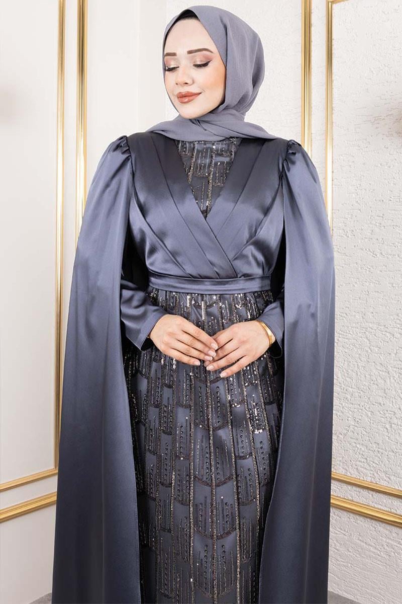 Önü Drape Detaylı Saten Abiye GRİ