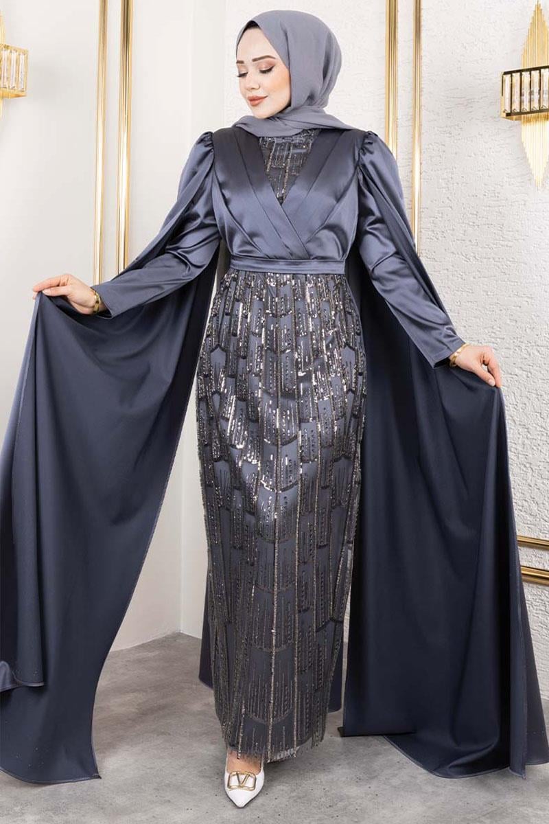 Önü Drape Detaylı Saten Abiye GRİ