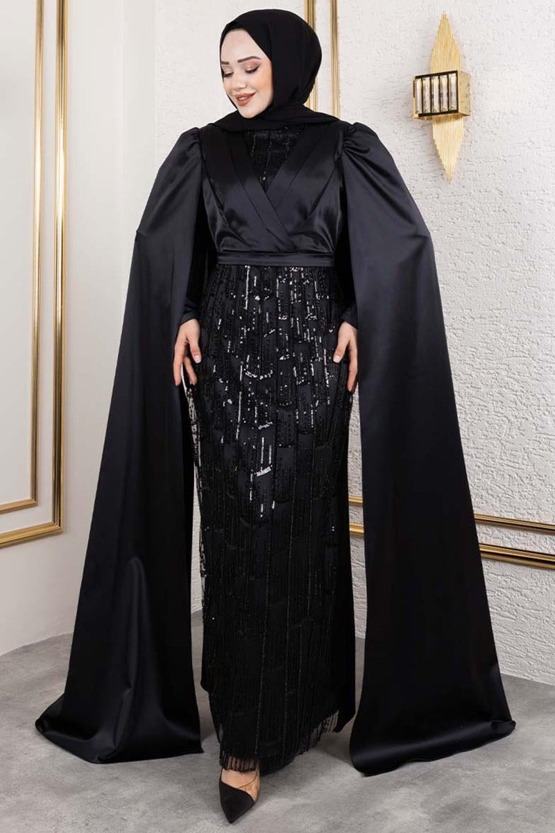 Önü Drape Detaylı Saten Abiye SİYAH