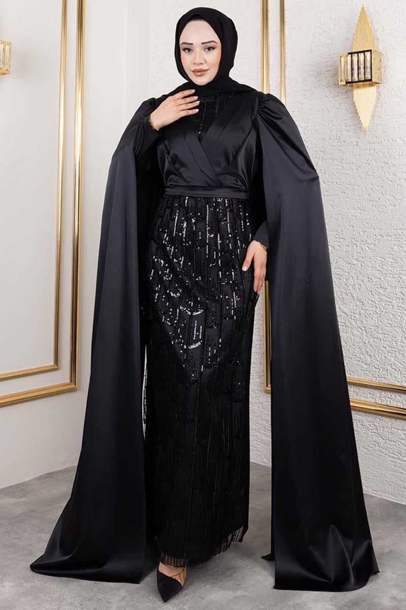 Önü Drape Detaylı Saten Abiye SİYAH