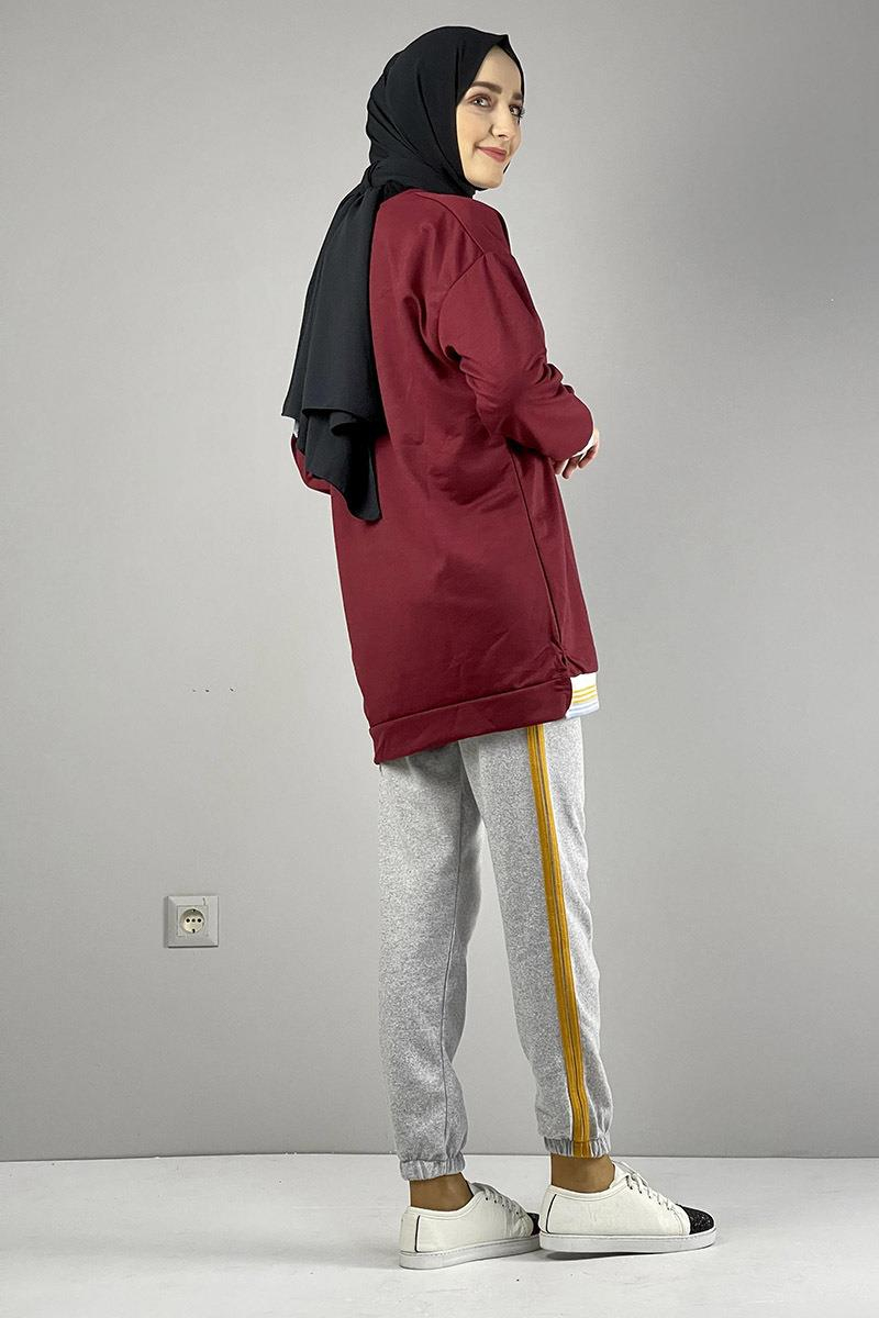 Ribana Çizgili Sweat Bordo