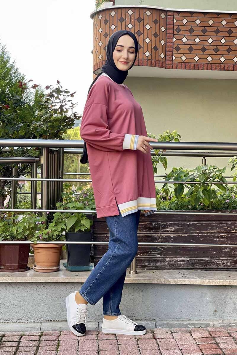 Ribana Çizgili Sweat Gül Kurusu