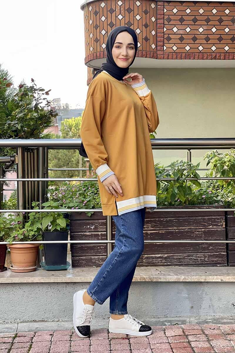 Ribana Çizgili Sweat Hardal