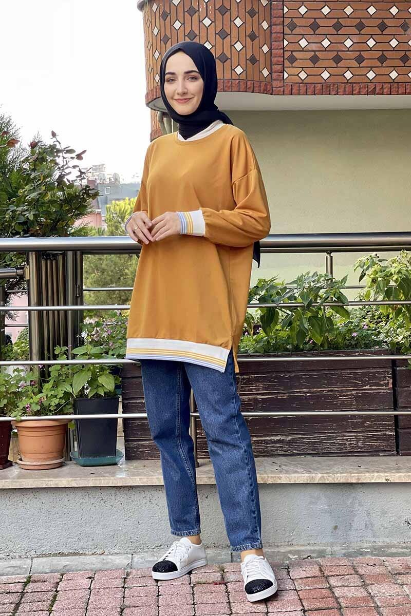 Ribana Çizgili Sweat Hardal