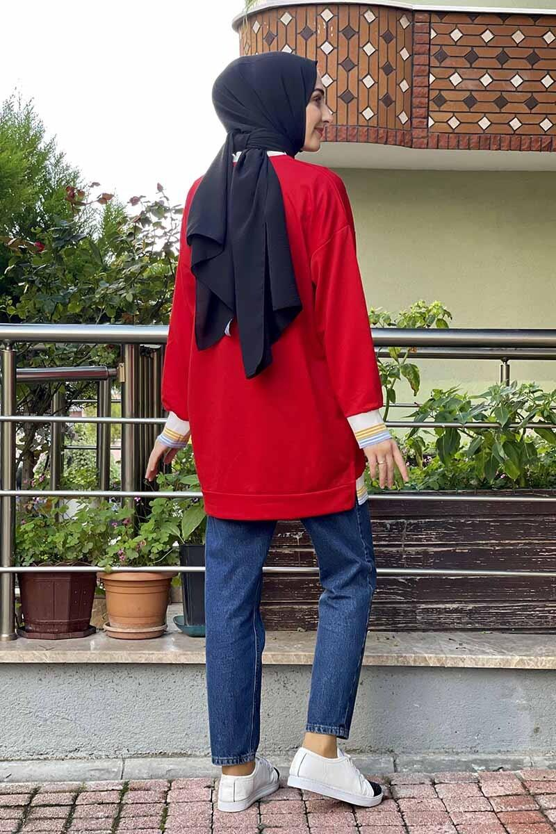 Ribana Çizgili Sweat Kırmızı