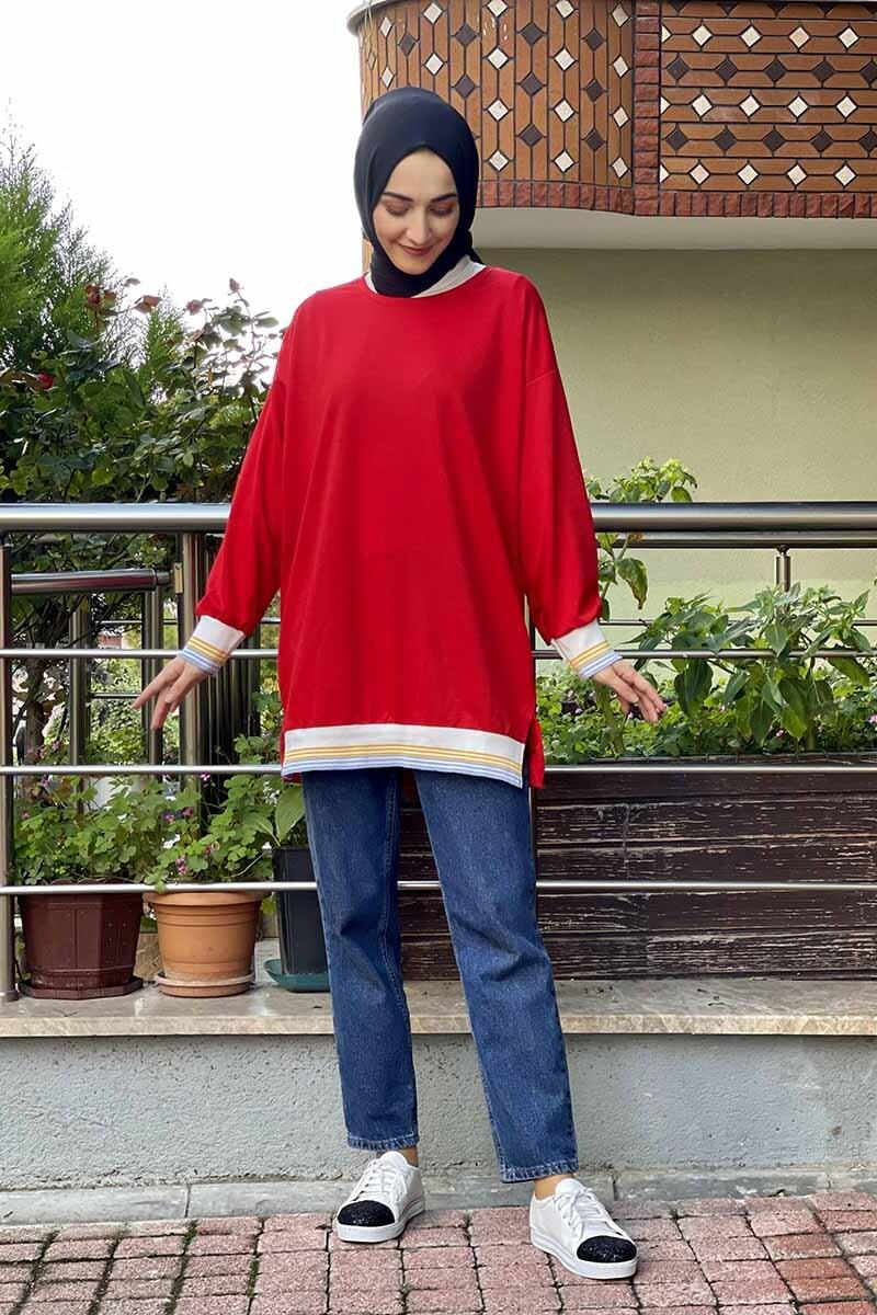 Ribana Çizgili Sweat Kırmızı