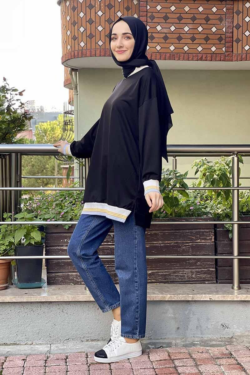 Ribana Çizgili Sweat Siyah