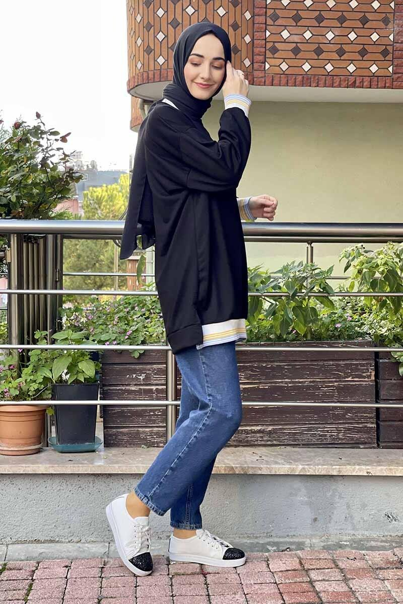 Ribana Çizgili Sweat Siyah