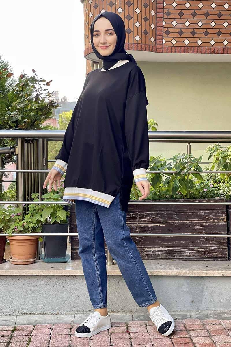 Ribana Çizgili Sweat Siyah