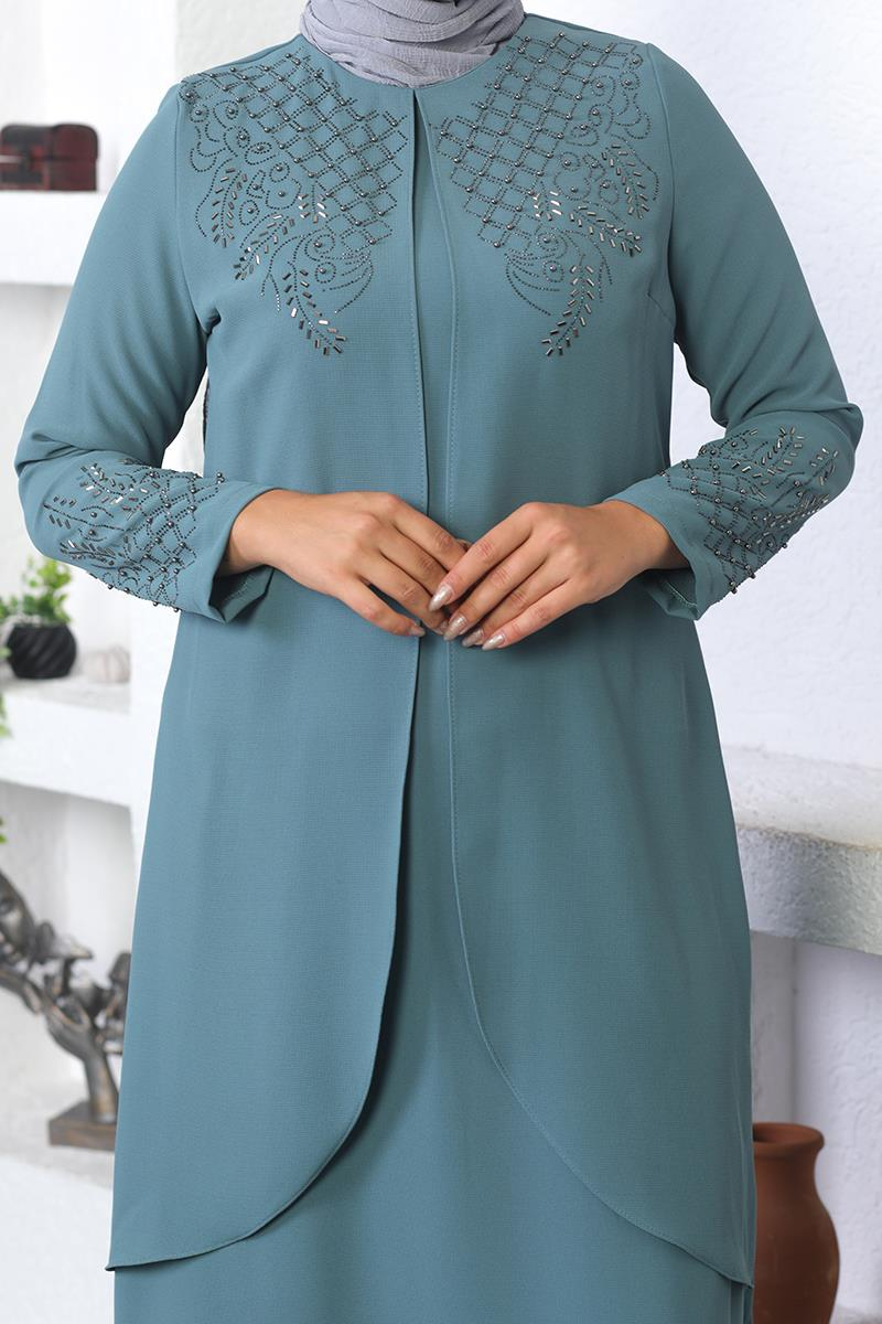 Taş İşlemeli Tesettür Elbise Mint