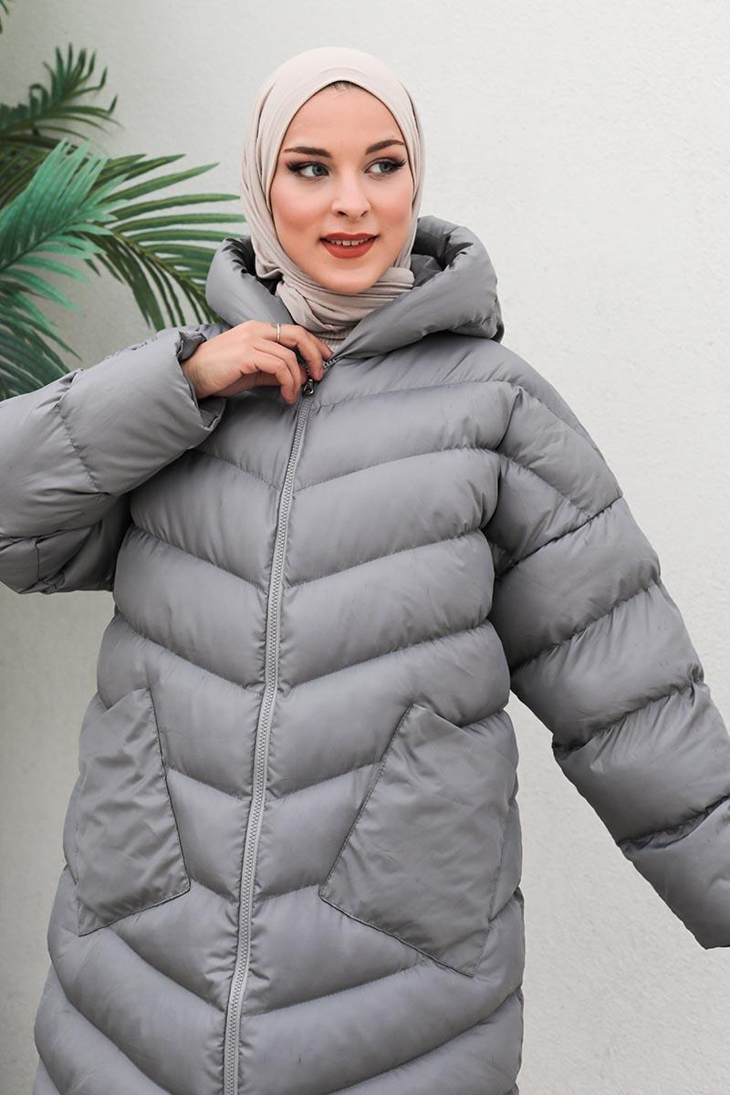 Uzun Şişme Mont Gri