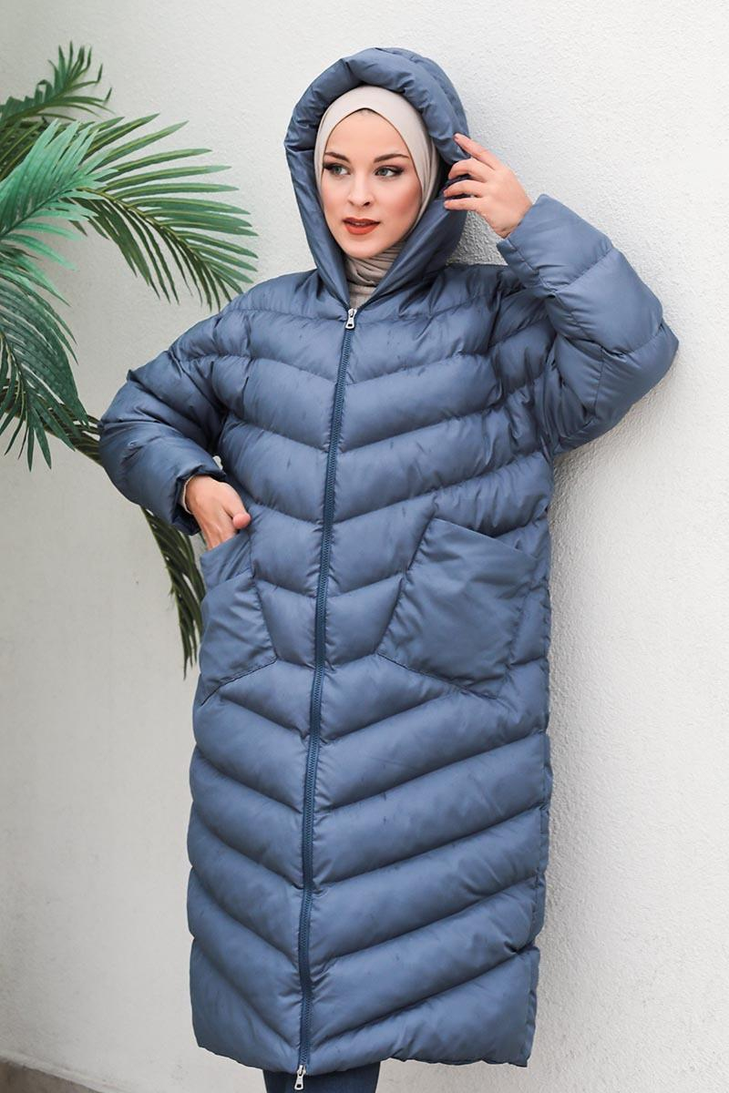 Uzun Şişme Mont Mavi