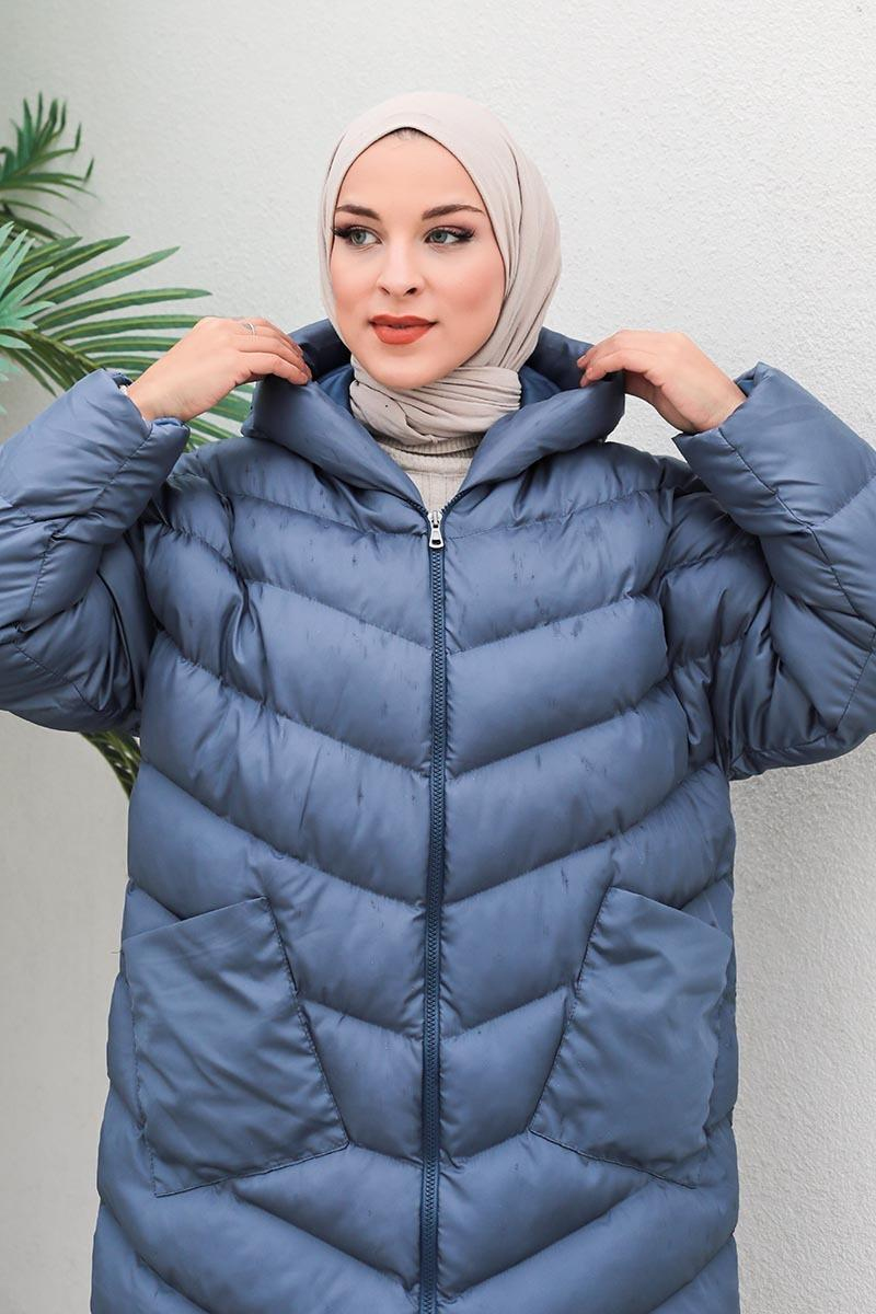 Uzun Şişme Mont Mavi