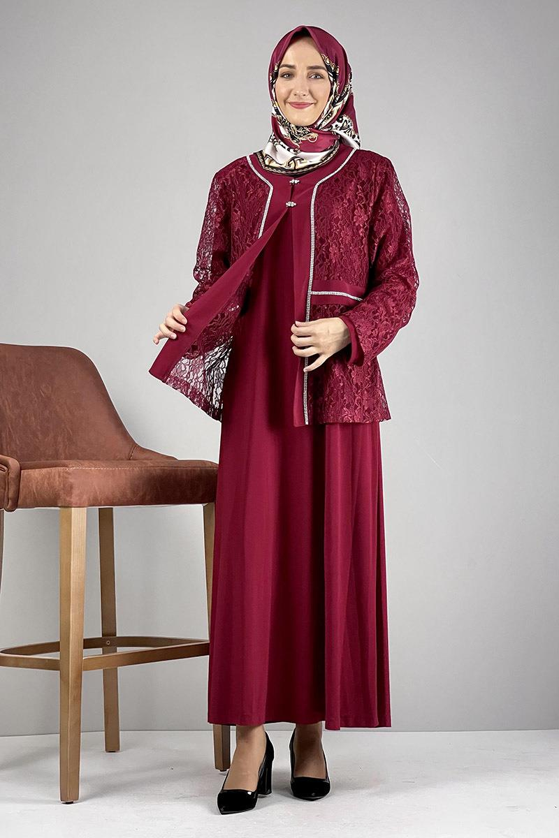 Yakası Taşlı Elbise Bordo