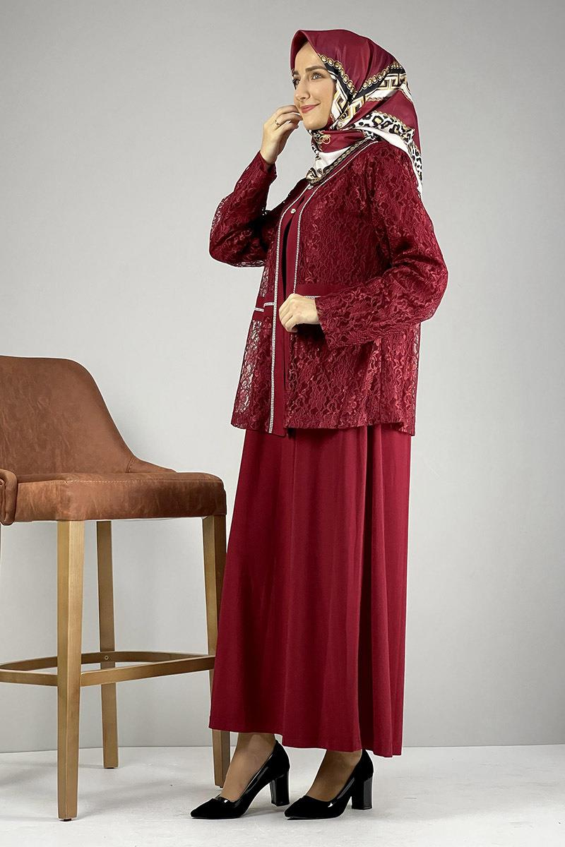 Yakası Taşlı Elbise Bordo