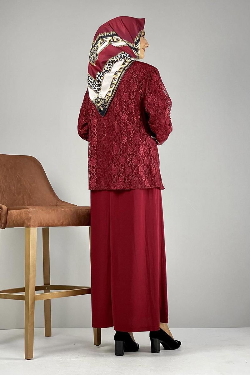 Yakası Taşlı Elbise Bordo