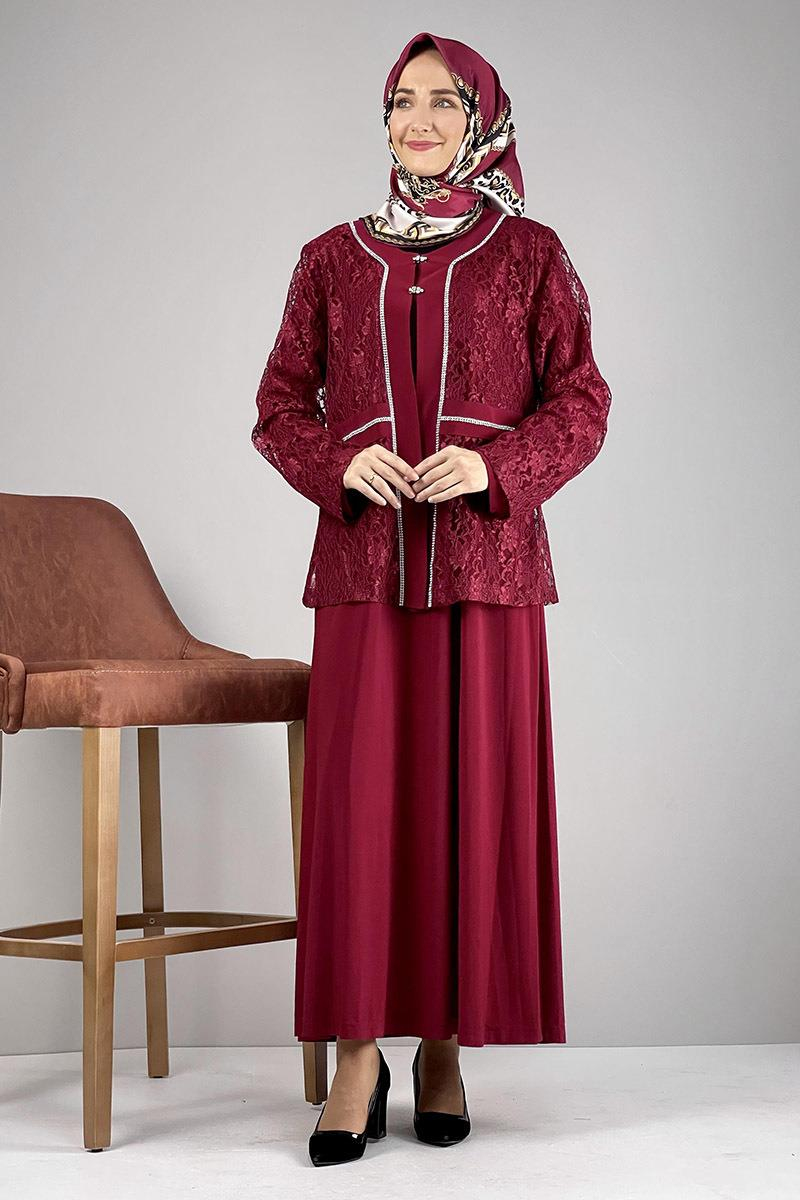 Yakası Taşlı Elbise Bordo