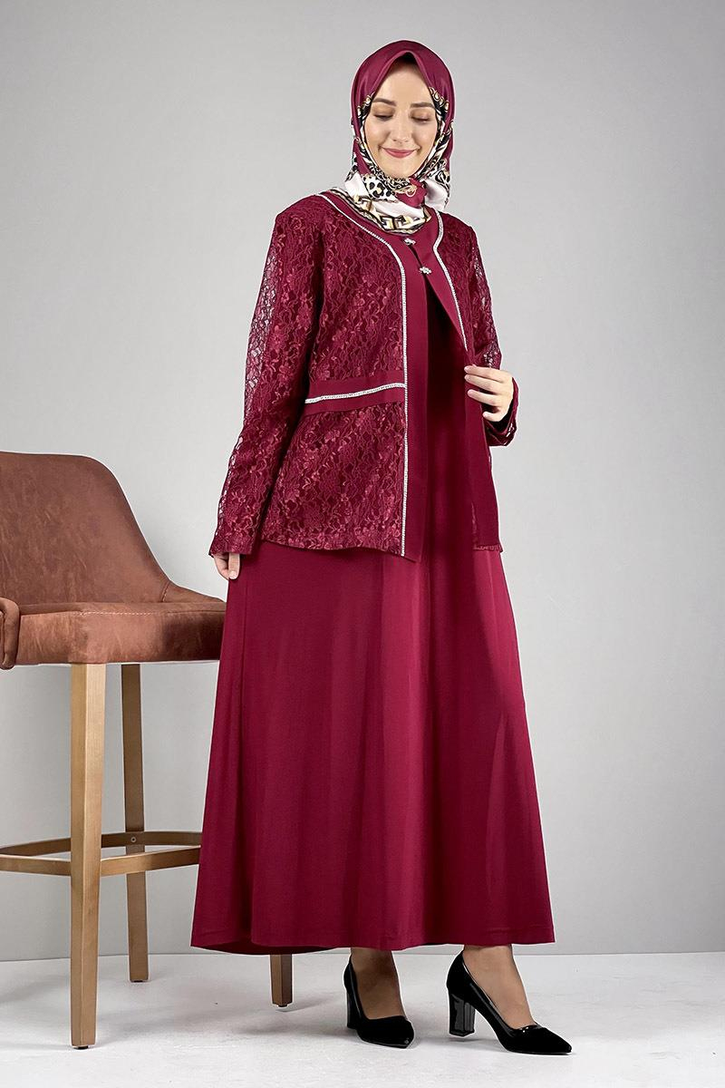 Yakası Taşlı Elbise Bordo