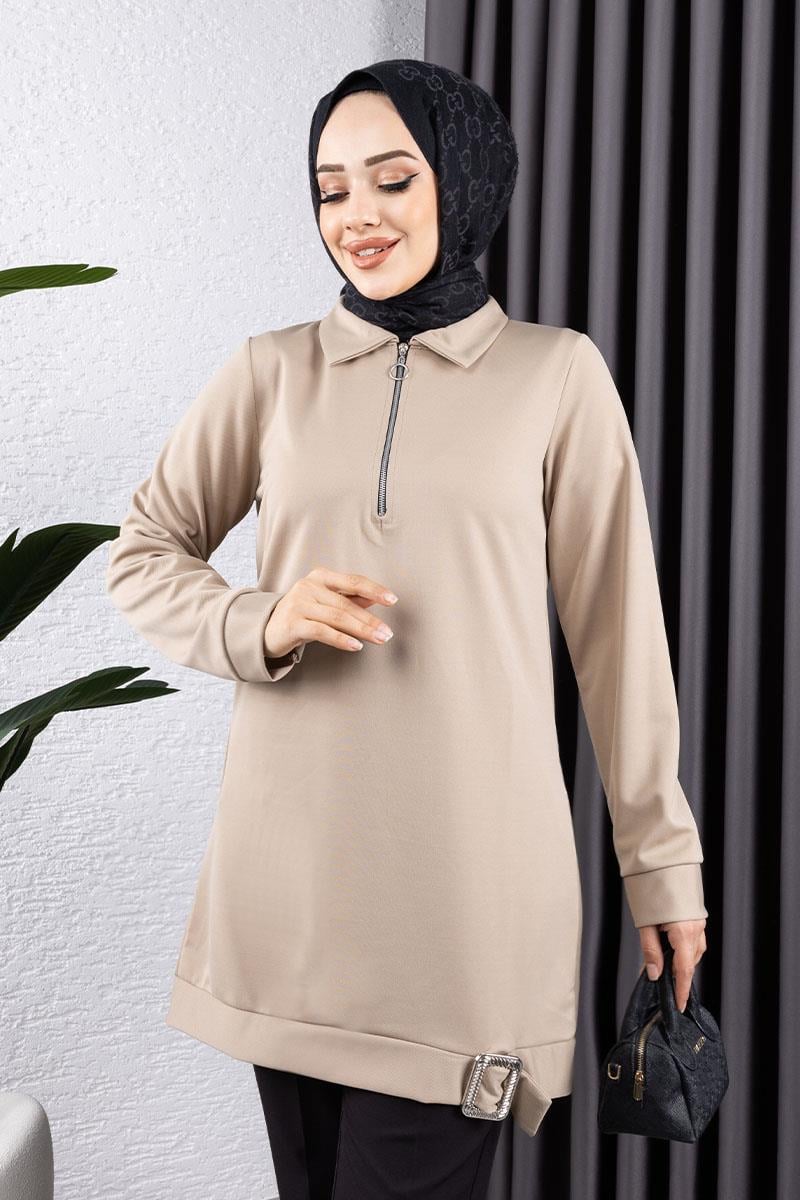 Yarım Fermuarlı Spor Tunik BEJ