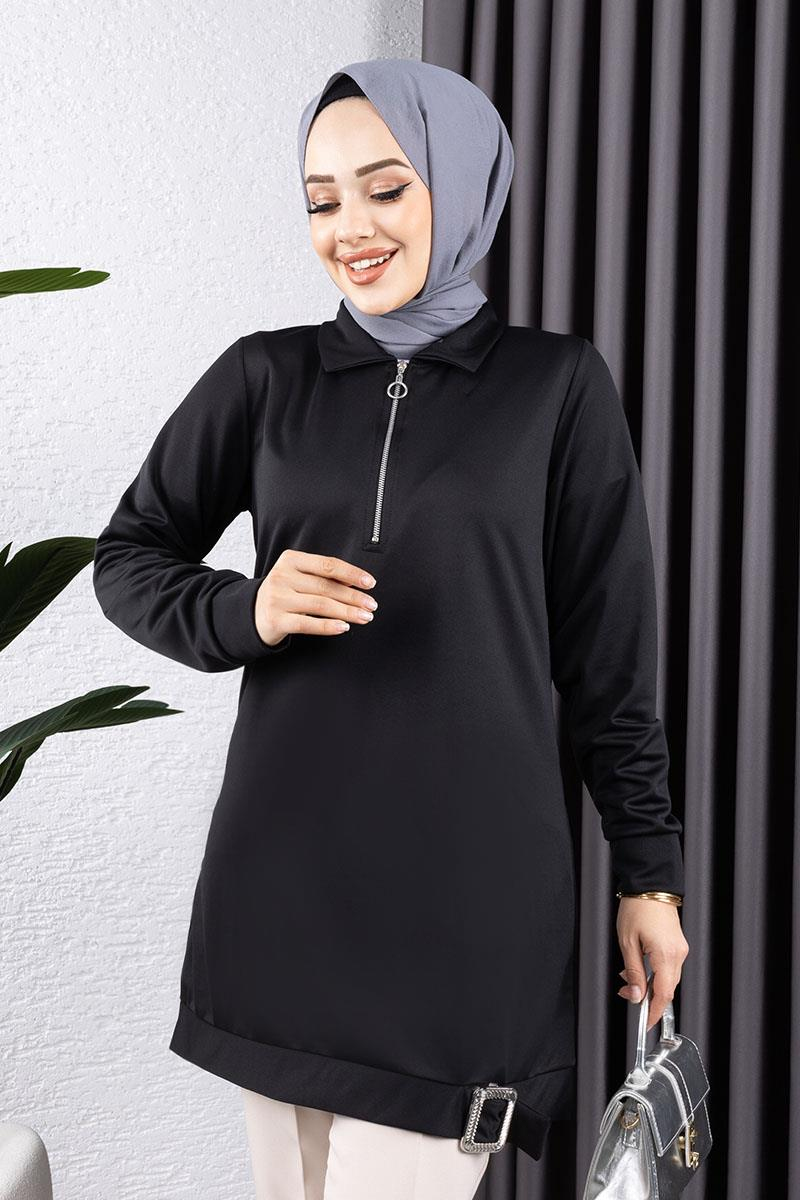 Yarım Fermuarlı Spor Tunik SİYAH