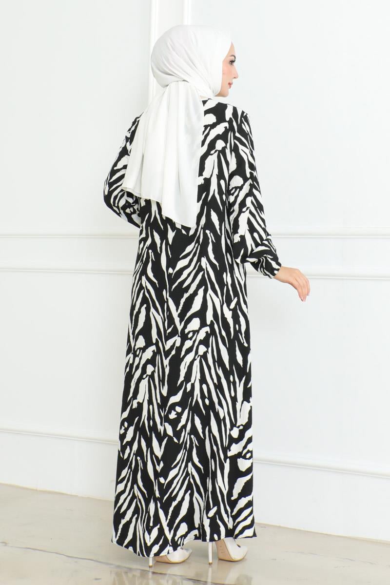 Zebra Desen Tesettür Elbise SİYAH