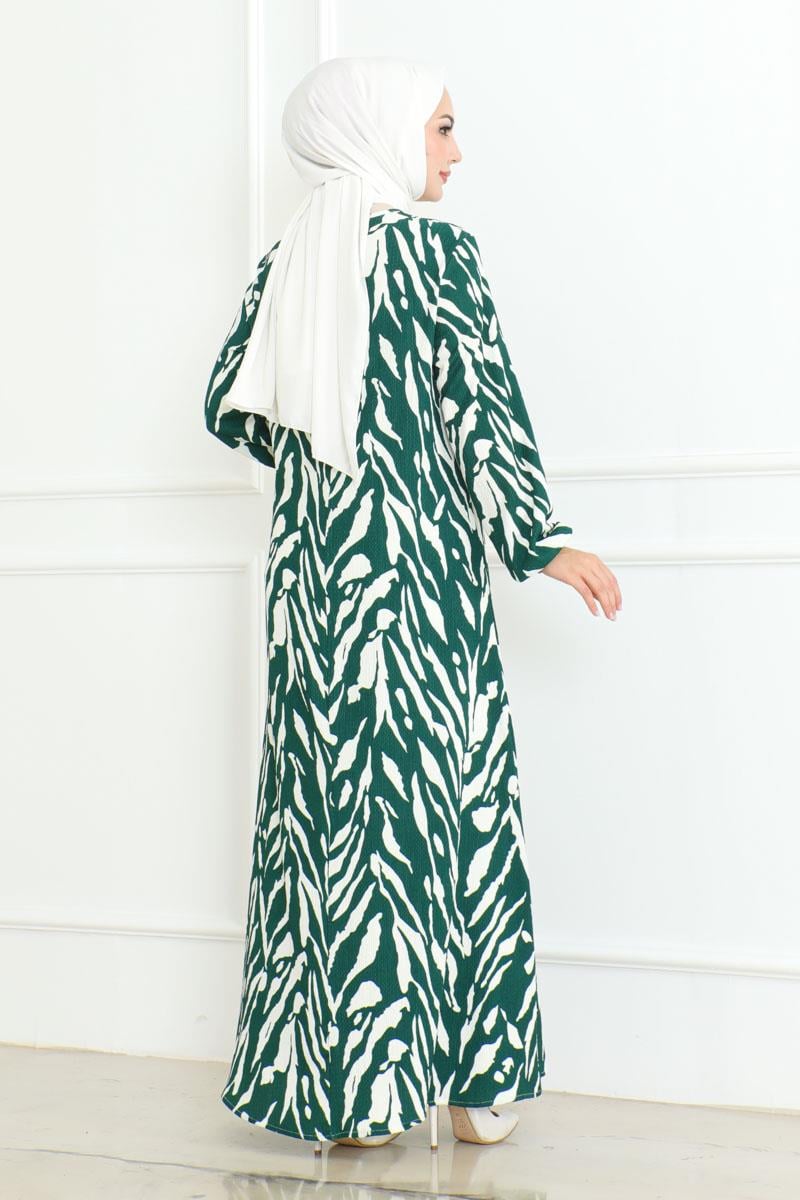 Zebra Desen Tesettür Elbise YEŞİL