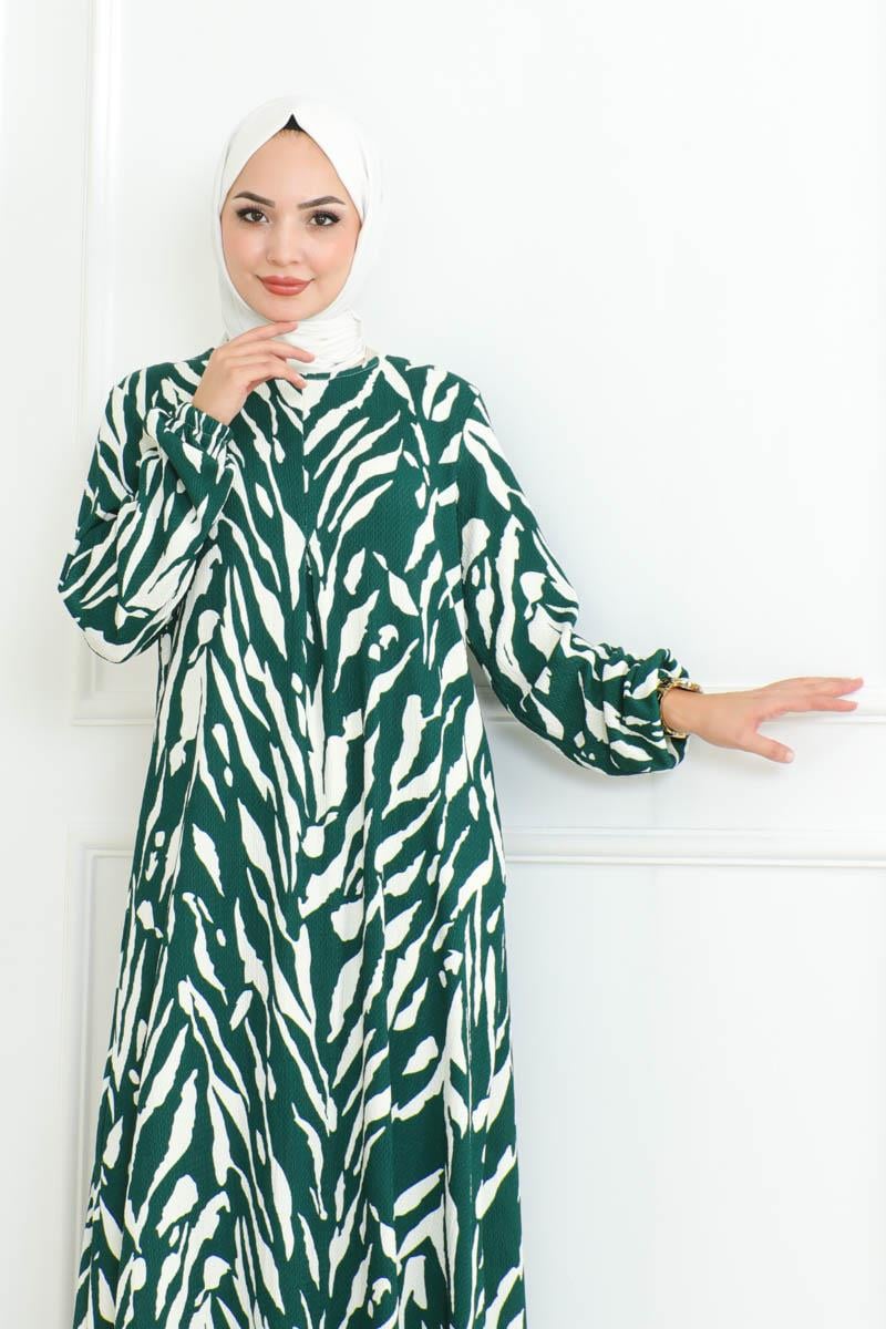 Zebra Desen Tesettür Elbise YEŞİL