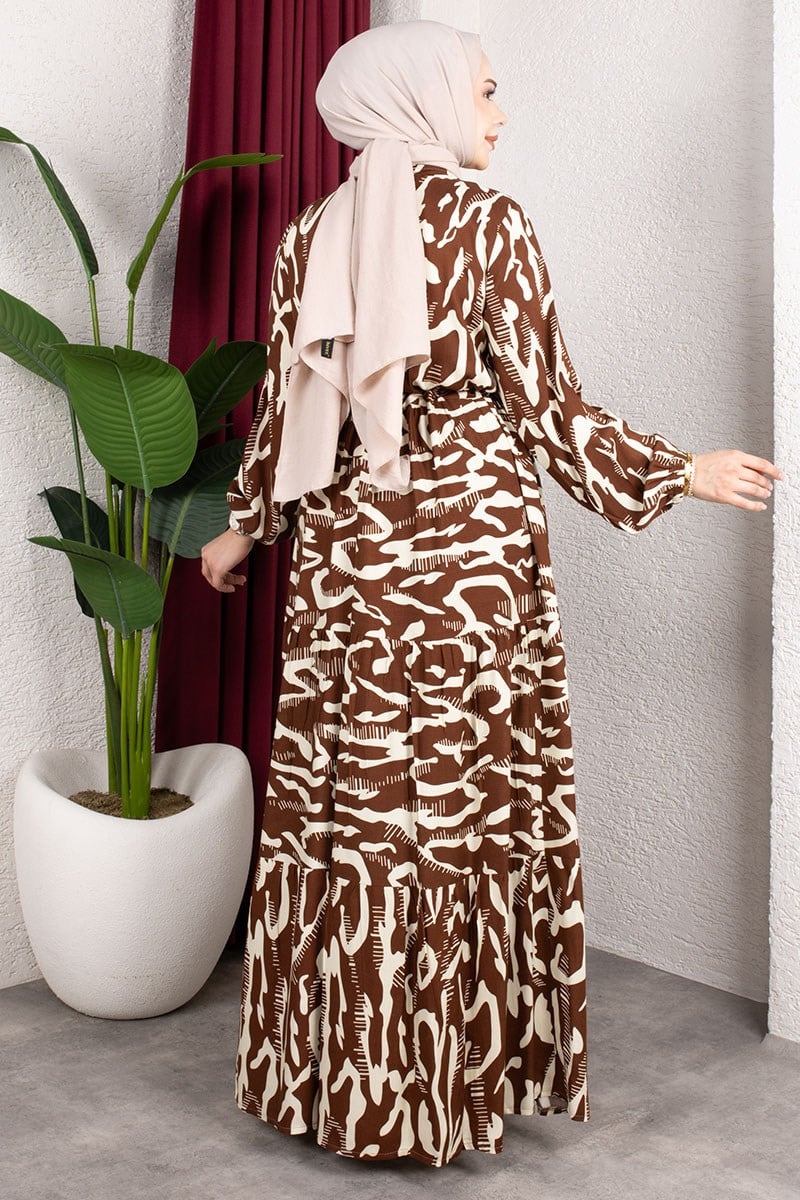 Zebra Desenli Viskon Elbise KAHVERENGİ