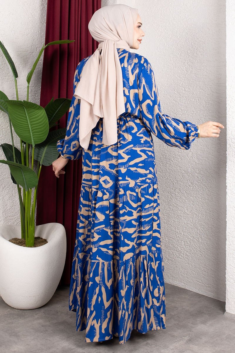 Zebra Desenli Viskon Elbise SAKS MAVİSİ