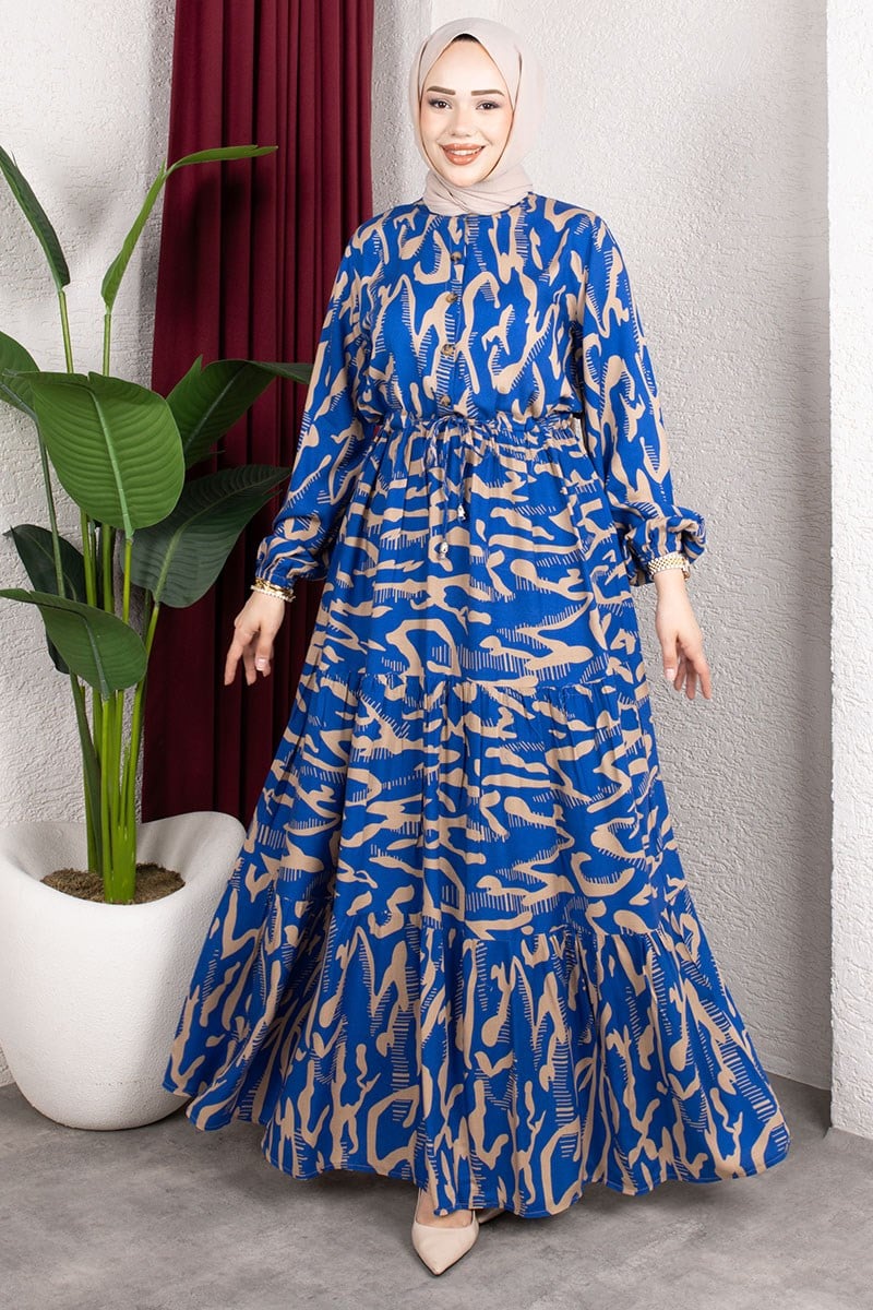 Zebra Desenli Viskon Elbise SAKS MAVİSİ
