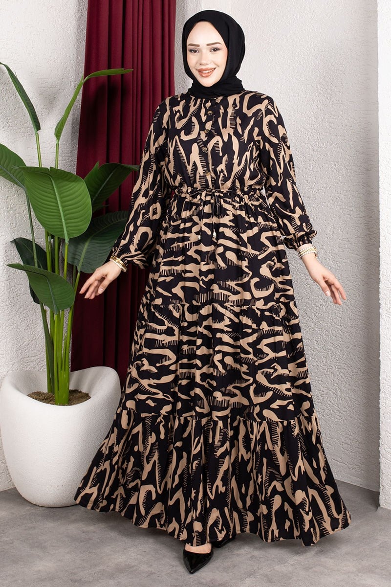 Zebra Desenli Viskon Elbise SİYAH