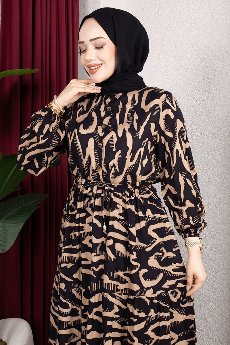 Zebra Desenli Viskon Elbise SİYAH